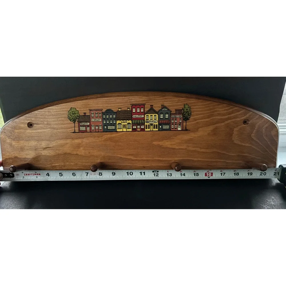 Vintage Wood Wall Rack 4 Shaker Pegs Hand Painted Village Scene Arched 20 Inch